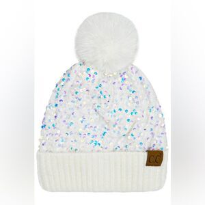 C.C White Sequin Pom-Pom Beanie